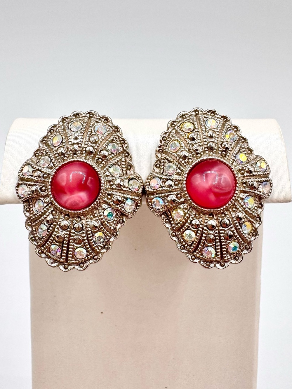 Vintage 1929 Art Deco Revival Pink Faux Givre Glass AB Rhinestone Earrings